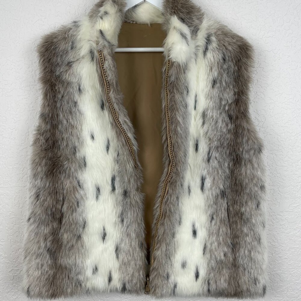 Olympia Vest Womens Medium Faux Fur Sleeveless Reversible Open Front Gray White - Picture 7 of 11